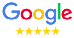Google logo with five gold stars, indicating a five-star rating.