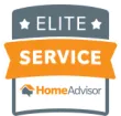 HomeAdvisor Elite Service badge: gray background, orange banner, white text and stars, HomeAdvisor logo.