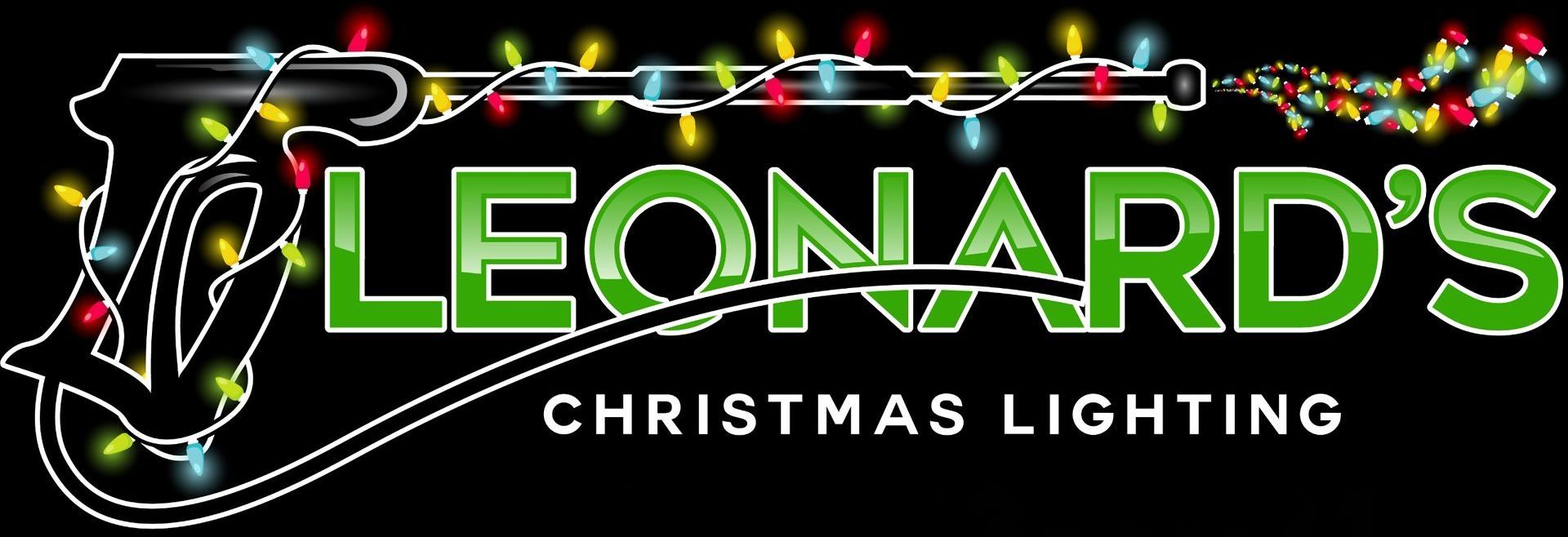 Leonard's Christmas Lighting logo with green text and string lights.