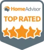 HomeAdvisor Top Rated badge with orange stars and text on a gray background.