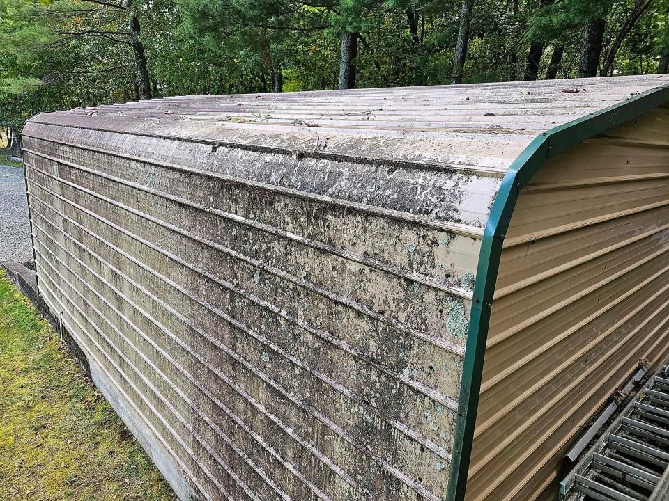 Metal storage shed with green trim and weathered, mossy exterior.
