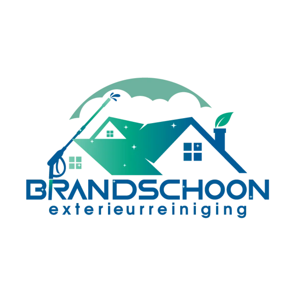 Een logo voor brandschoon buitenreiniging met een huisje erop