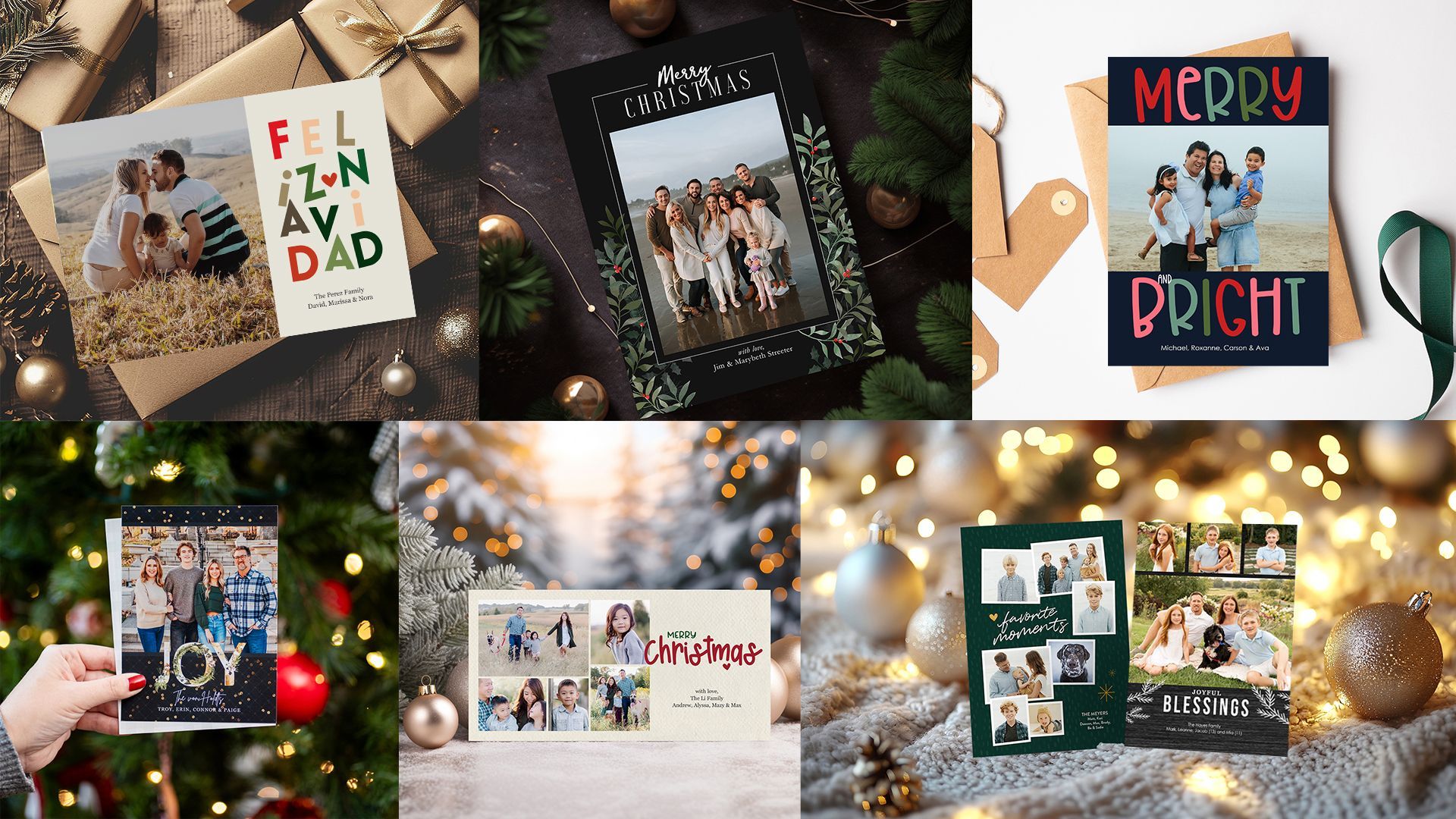 Multiple Holiday photo cards on display