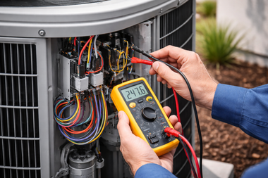 Technician testing HVAC wiring with a digital multimeter outdoors.