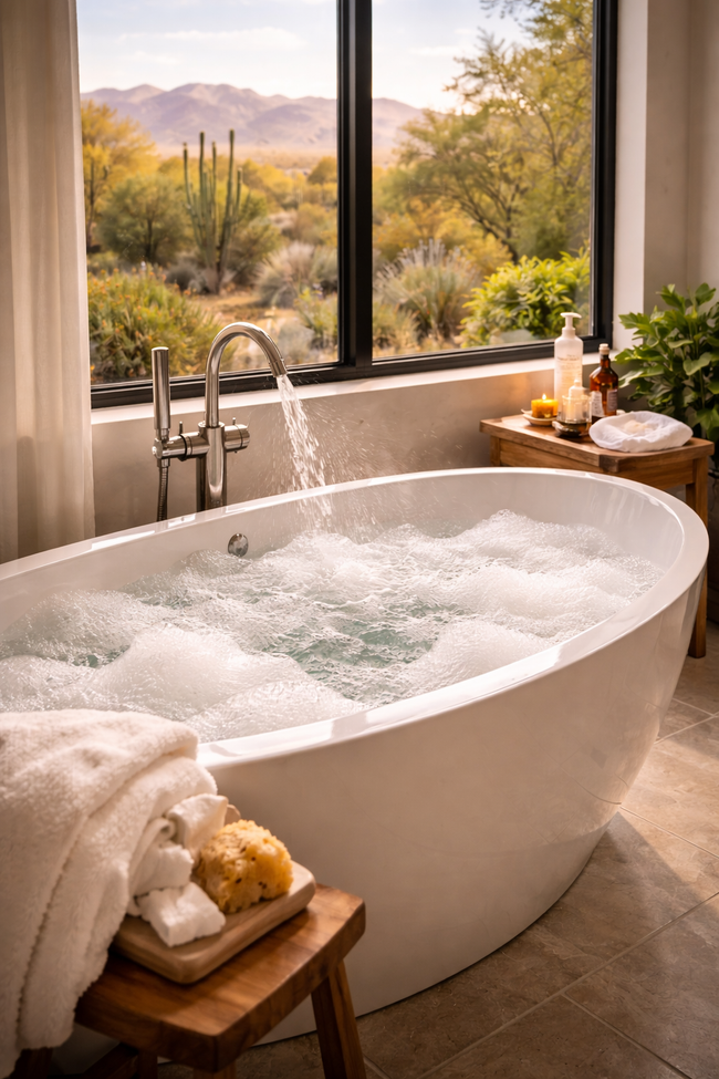 Freestanding bathtub by a window with scenic desert view and running water, towels and bath tray nearby