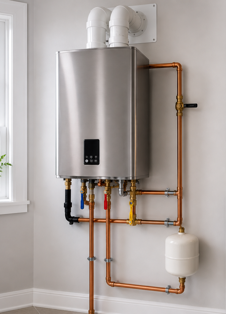 Wall-mounted stainless steel water heater with copper pipes and white venting in a utility room