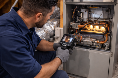 Technician inspecting an open furnace with a handheld device in an industrial utility room