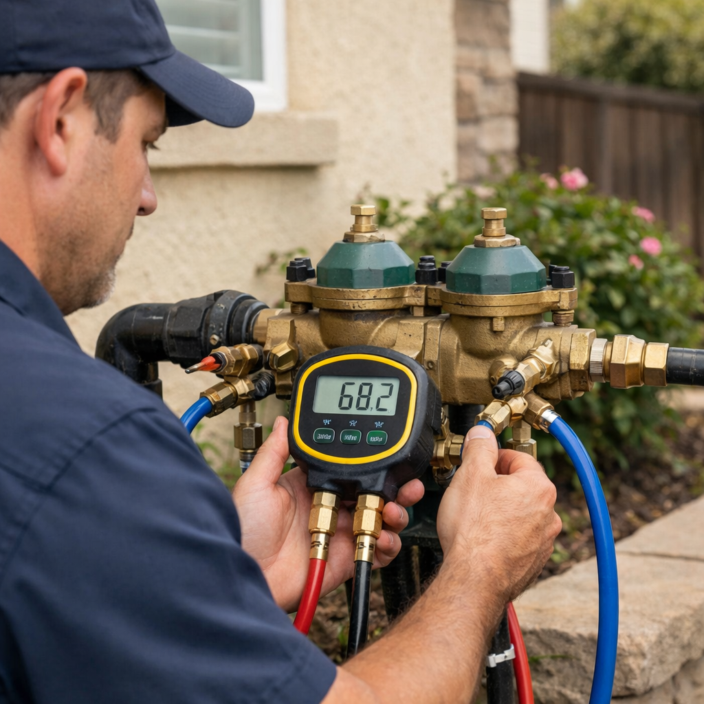 Technician using a digital gauge on HVAC manifold valves outside a house