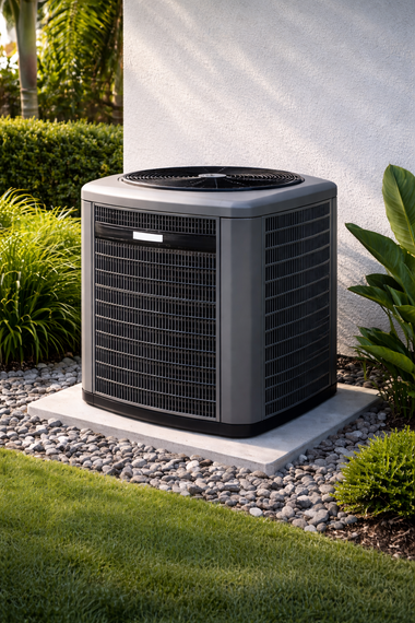 Outdoor central air conditioner unit beside a house, surrounded by landscaping stones and grass