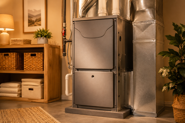 Two stacked metal HVAC units beside ductwork in a warm-lit living room