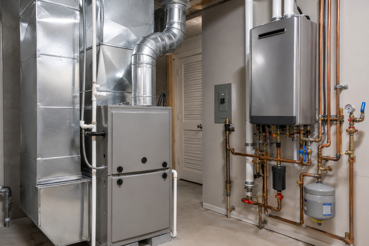 Basement mechanical room with furnace, water heater, ductwork, and exposed plumbing pipes.