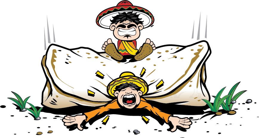 Two people in straw hats, one jumping onto a large, light-brown pillow and the other squashed beneath it.