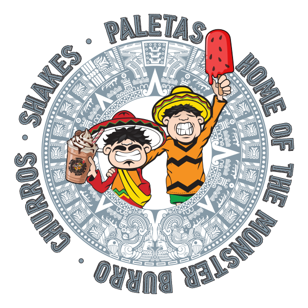 Logo: Two cartoon figures with treats, Aztec background. 