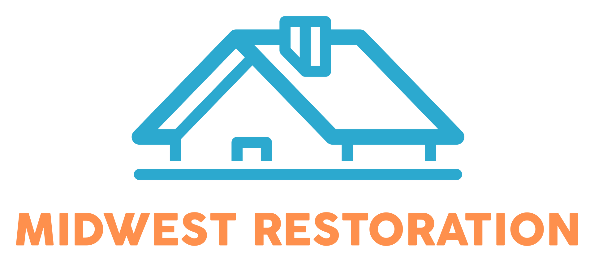 Midwest Restoration logo with blue roof icon and orange text
