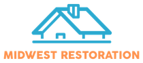 Midwest Restoration logo with blue roof icon and orange text