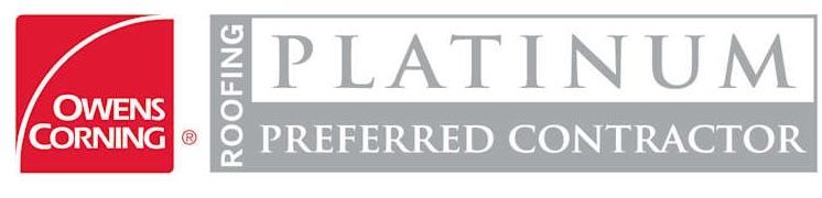 Owens Corning Platinum Preferred Contractor roofing logo in red, white, and silver