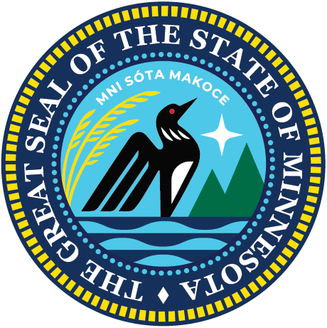 Great Seal of the State of Minnesota with a loon, pine trees, mountains, and blue circular border.