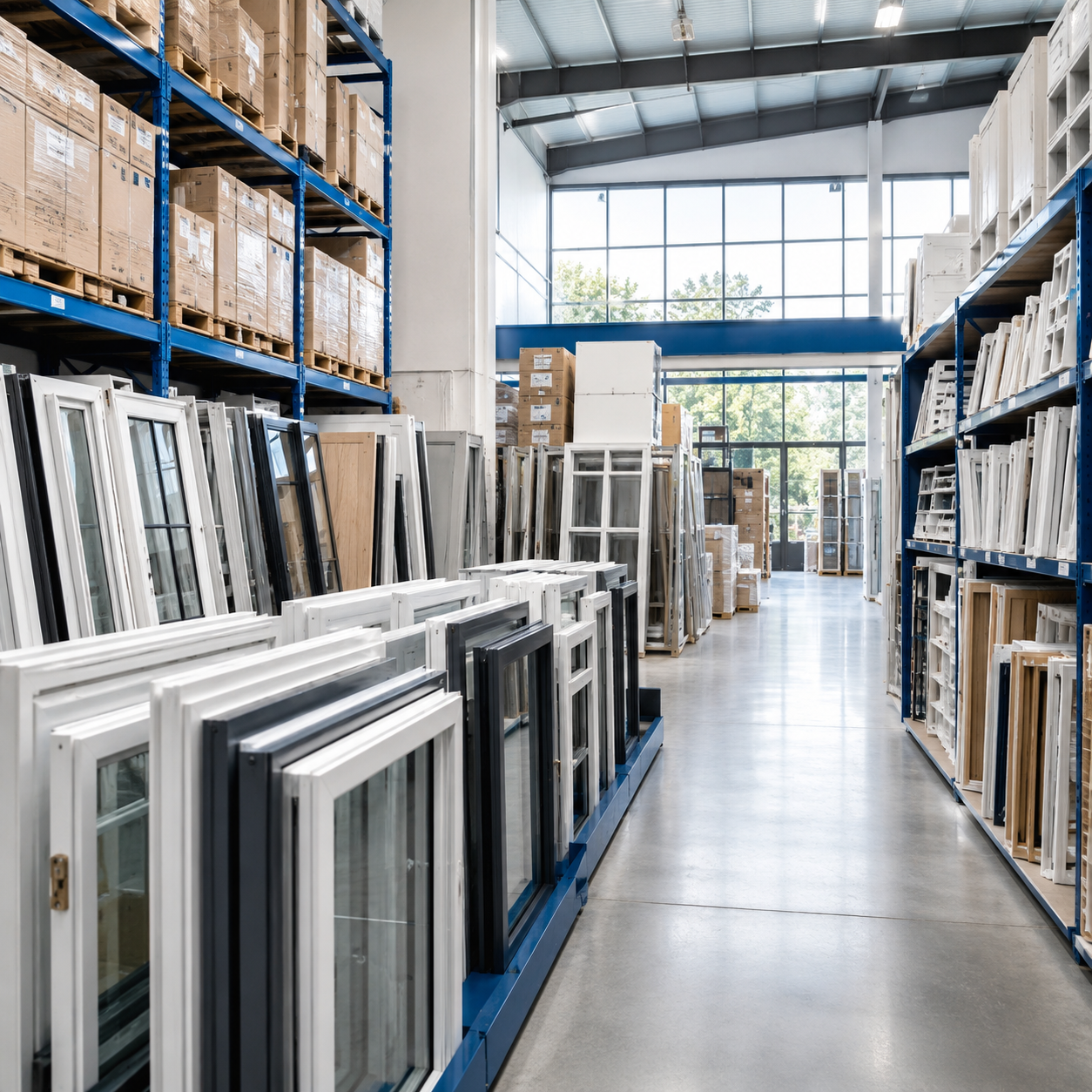 Warehouse aisle with stacked window frames and shelving, lit by bright natural light
