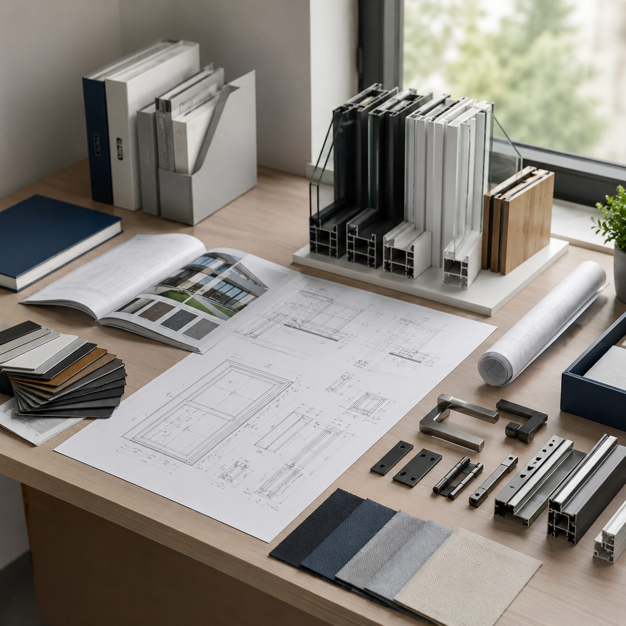Architectural desk with blueprints, material samples, binders, and drafting tools by a window