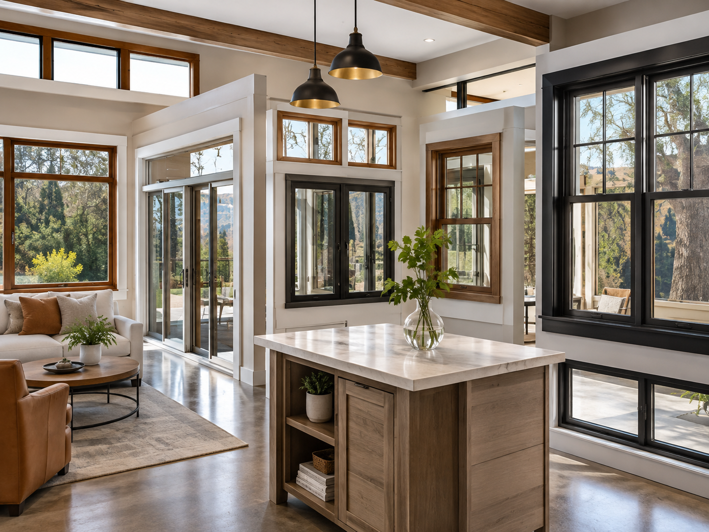 Bright, modern kitchen with wood beams, white cabinets, large windows, and a central island