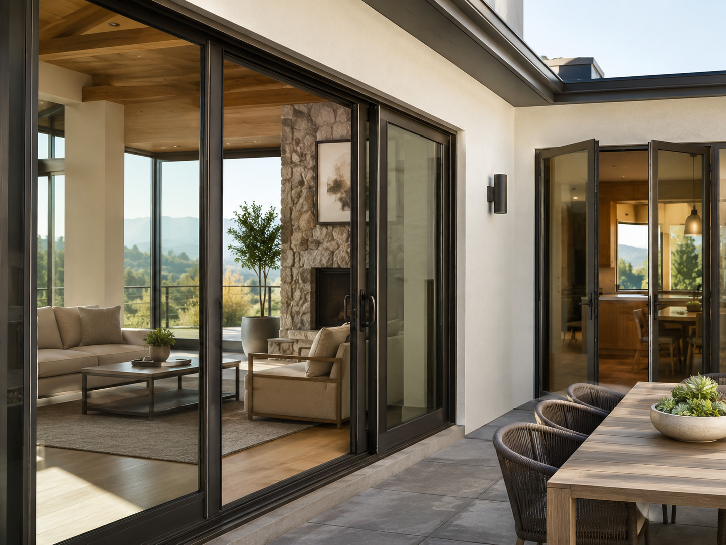 Modern patio with open sliding doors, beige lounge chairs, and dining table overlooking a scenic view