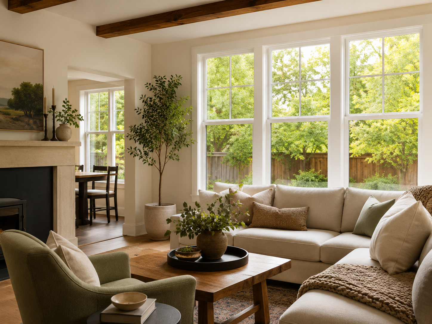 Bright living room with large windows, beige sofa, green chair, and potted plants in soft natural light