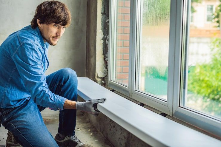 Worker in blue overalls installing a white window sill beside large windows