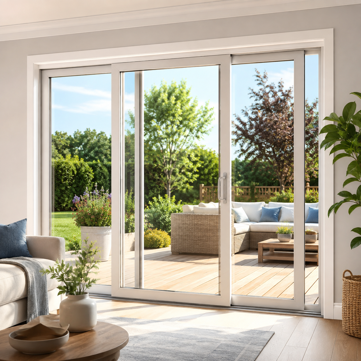 Bright living room with open sliding glass doors leading to a sunny patio and lush garden.