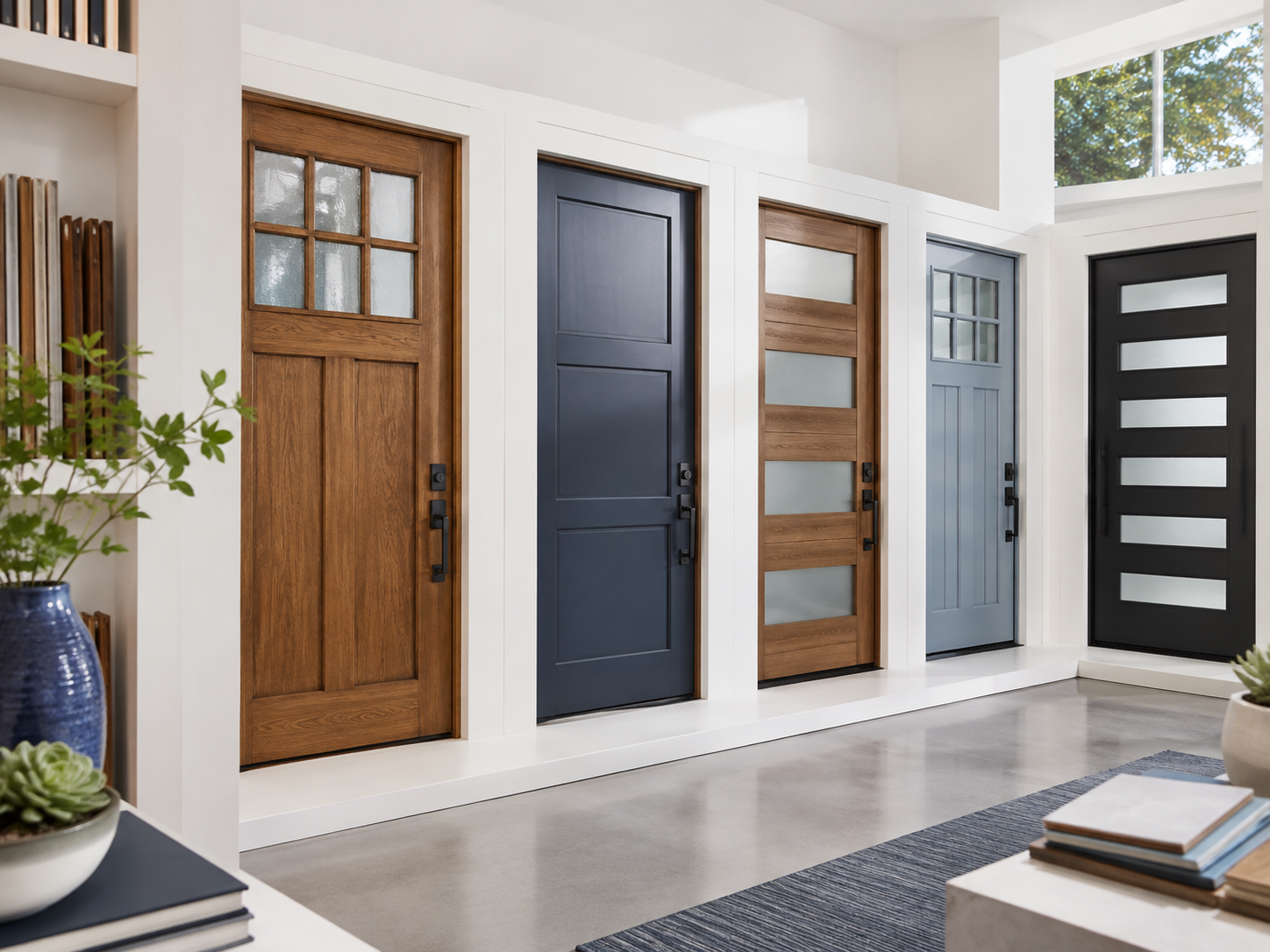 Showroom display of five modern front doors in a bright interior.