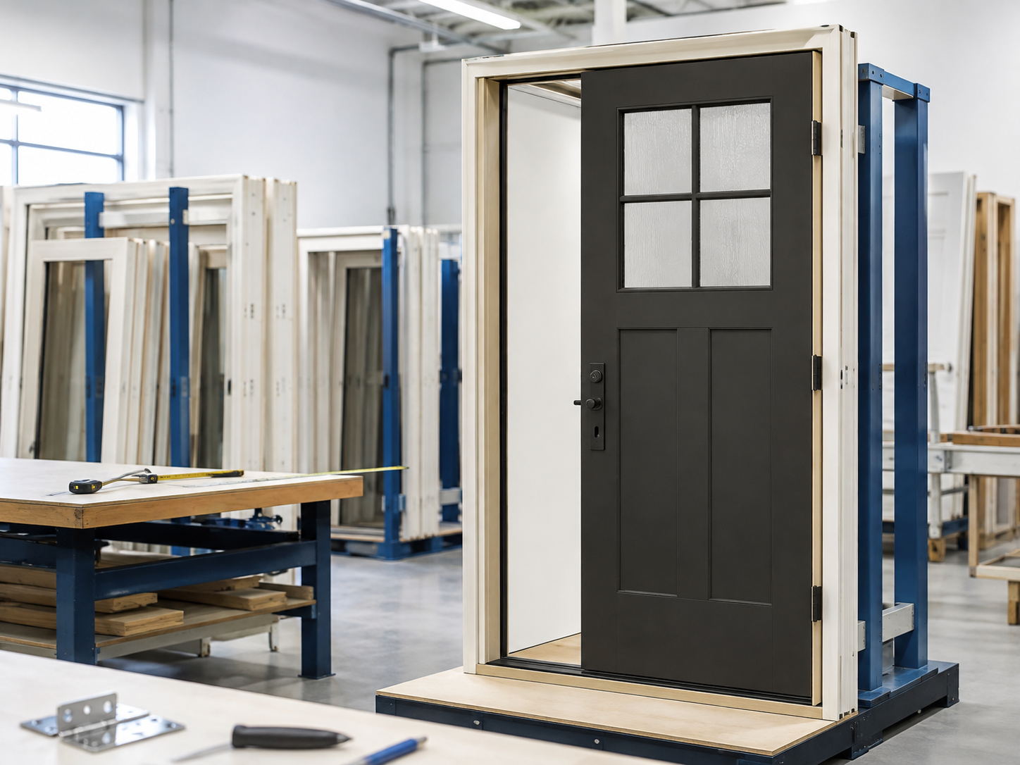 Door on a pallet in a factory warehouse, surrounded by framed window units and blue storage racks