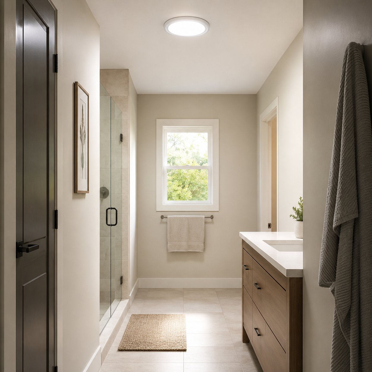 Modern bathroom with walk-in shower, vanity, window, and neutral decor