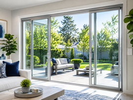 Bright living room with open sliding glass doors to a sunny backyard patio and green garden.