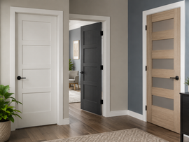 Three interior doors in a hallway, including white, gray, and wood-paneled styles.