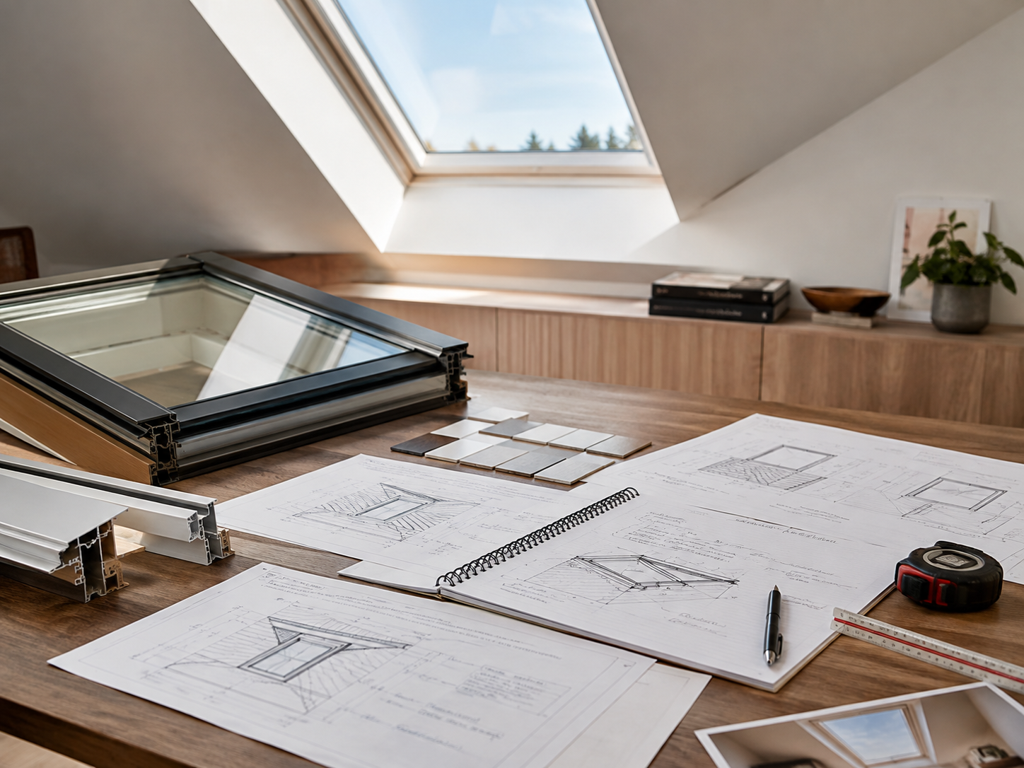 Architect’s desk with floor plans, drafting tools, and a skylight above