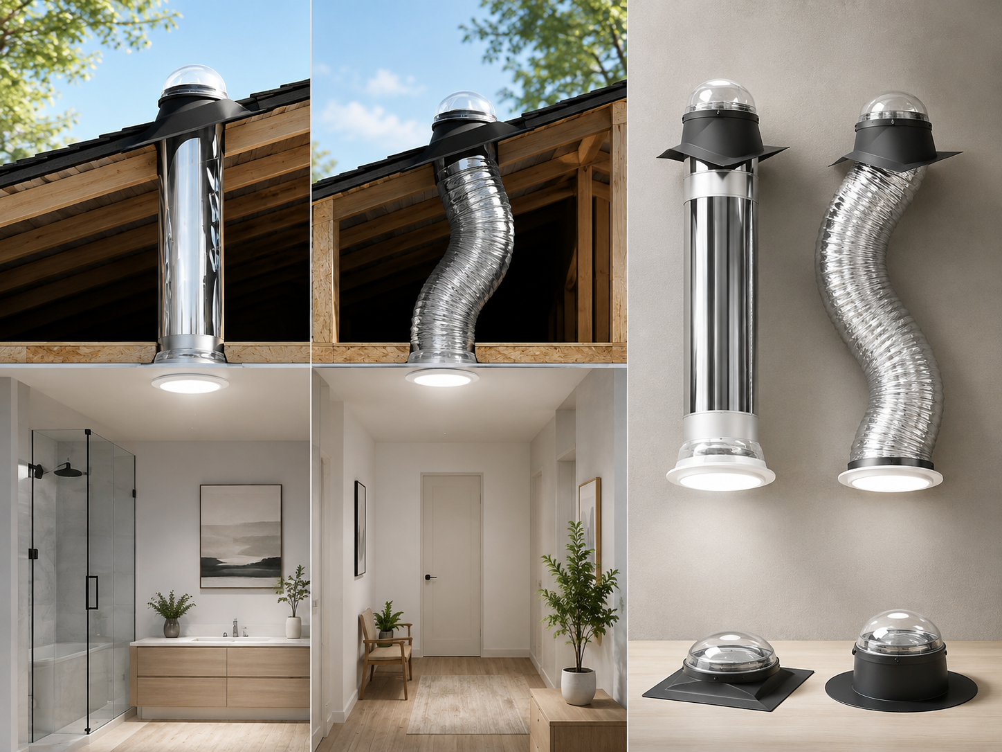 Roof vent duct shown in straight and flexible forms above a modern bathroom.