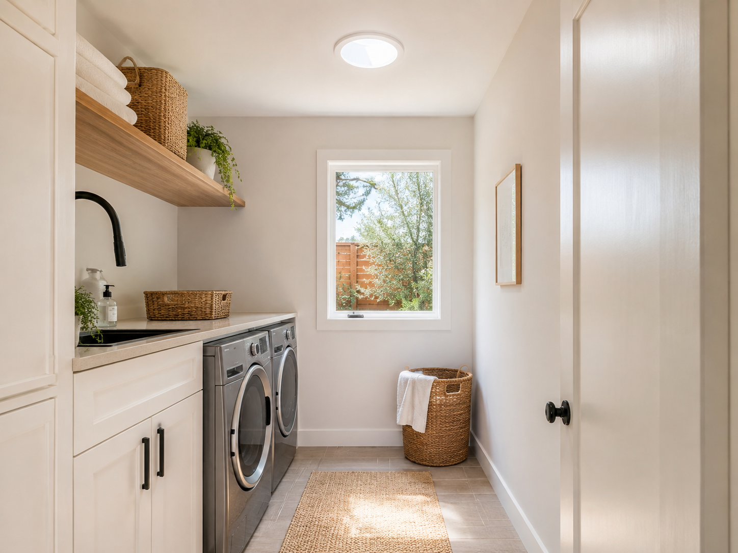 Bright laundry room with stacked washer and dryer, white cabinets, and a window showing autumn trees