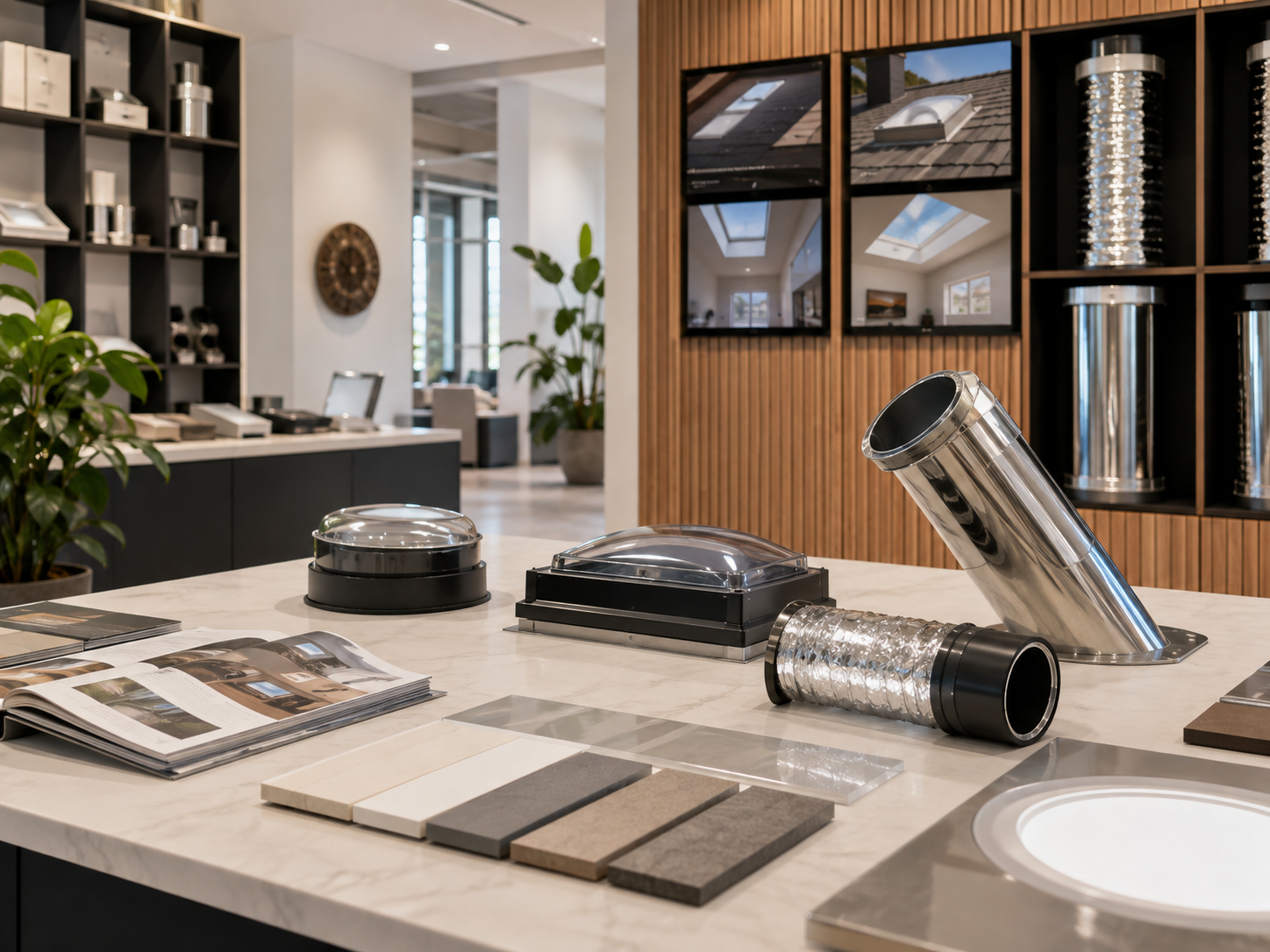 Modern interior showroom with tile samples, display shelves, and countertop material swatches
