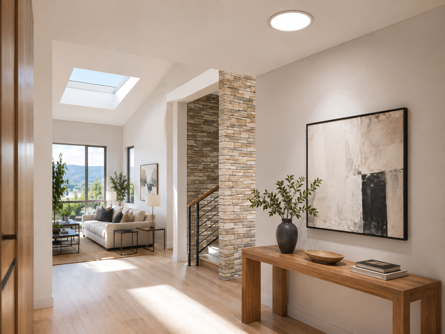 Bright hallway with skylight, stone accent wall, wooden console table, and sunlit living room beyond