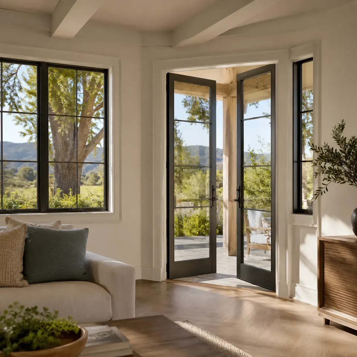 Bright living room with open French doors, large windows, and a view of trees and hills