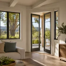Bright living room with open French doors, large windows, and a view of trees and hills