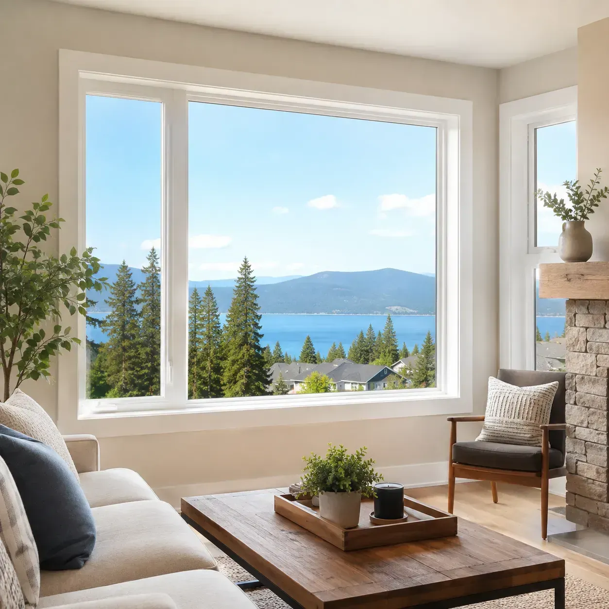 Bright living room with large bay window overlooking a lake and mountains, white sofa, wood coffee table, and stone fireplace