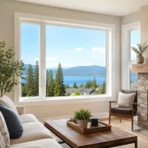 Bright living room with large bay window overlooking a lake and mountains, white sofa, wood coffee table, and stone fireplace