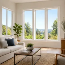 Bright living room with large windows, beige sofa, coffee table, and sunlight over a woven rug.
