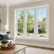 Bright living room with large white-framed windows overlooking a sunny green neighborhood.