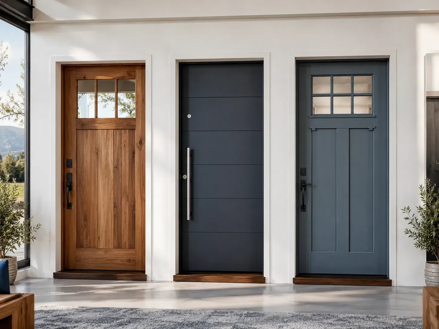 Three front doors in a row: wood, dark gray, and blue-gray on a modern porch
