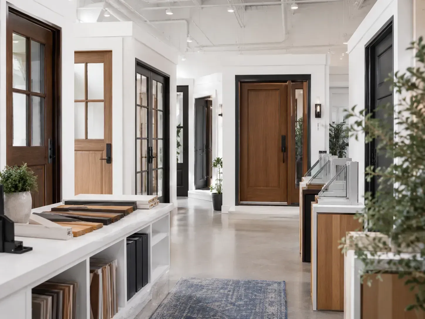 Bright modern hallway with wood doors, glass panels, white walls, and patterned rugs