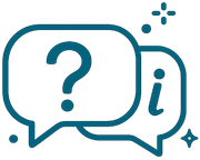 Two overlapping teal chat bubbles with a question mark and an “i” information symbol
