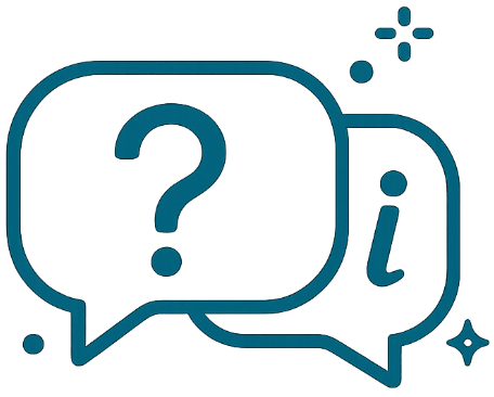 Two overlapping teal chat bubbles with a question mark and an “i” information symbol
