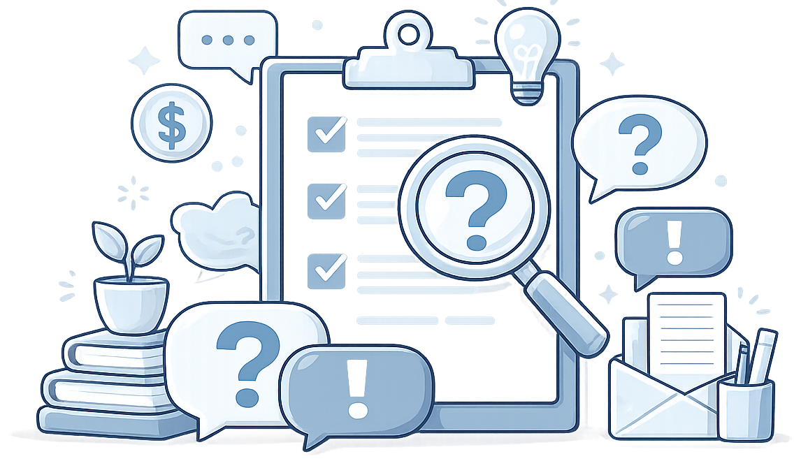 Blue illustration of a clipboard checklist with magnifying glass and question marks, symbolizing review and research