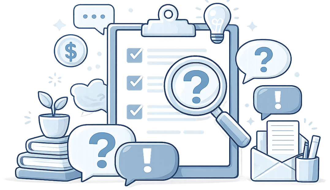 Blue illustration of a clipboard checklist with magnifying glass and question marks, symbolizing review and research